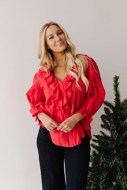 THE LIZA RUFFLED BLOUSE IN RED