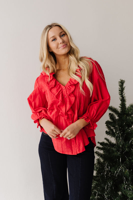 THE LIZA RUFFLED BLOUSE IN RED