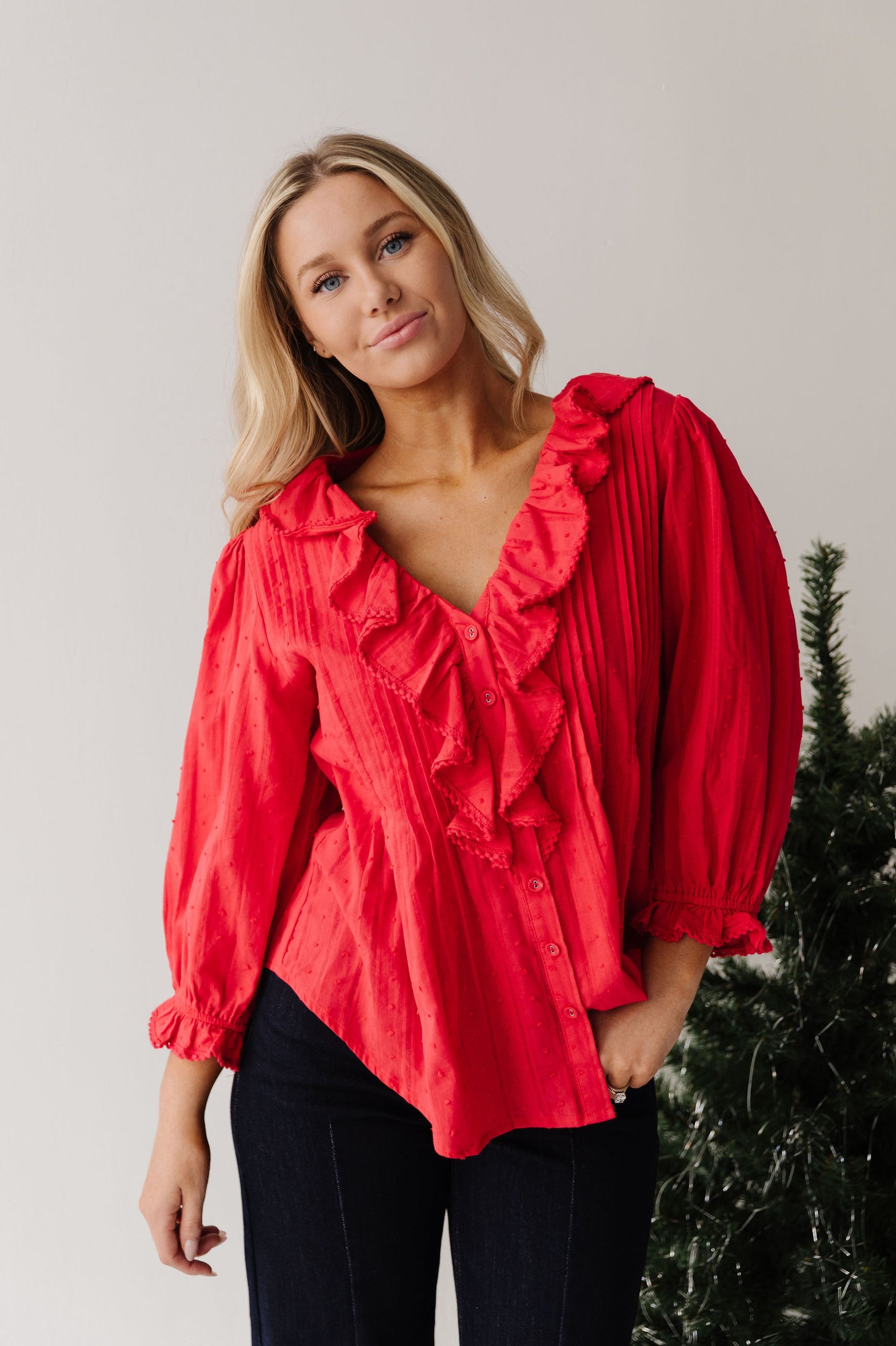 THE LIZA RUFFLED BLOUSE IN RED