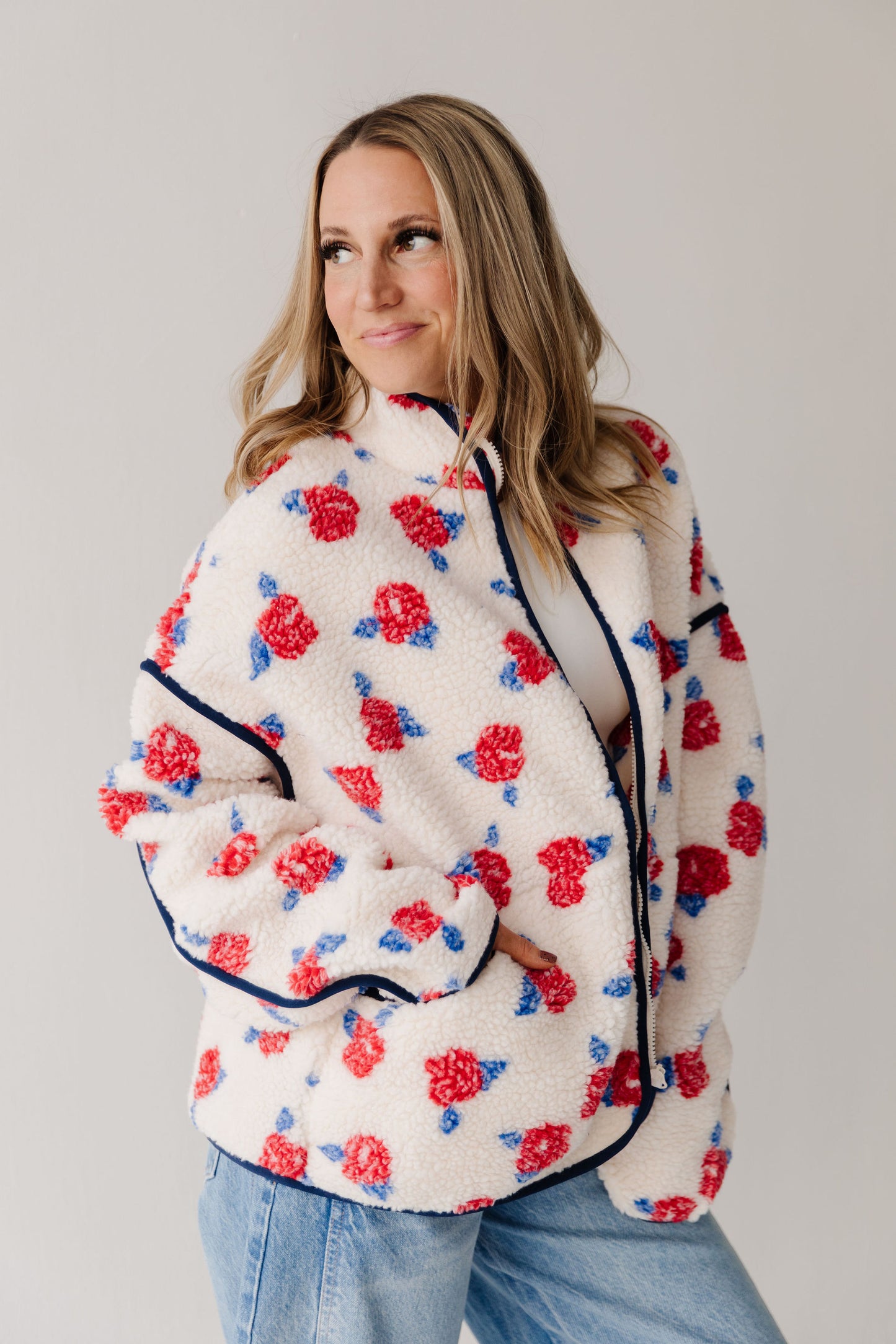THE DIANNE FLORAL SHERPA JACKET IN CREAM