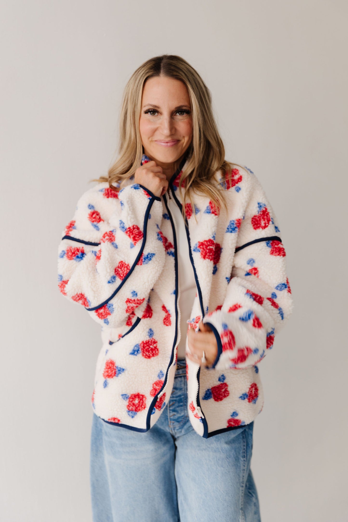 THE DIANNE FLORAL SHERPA JACKET IN CREAM