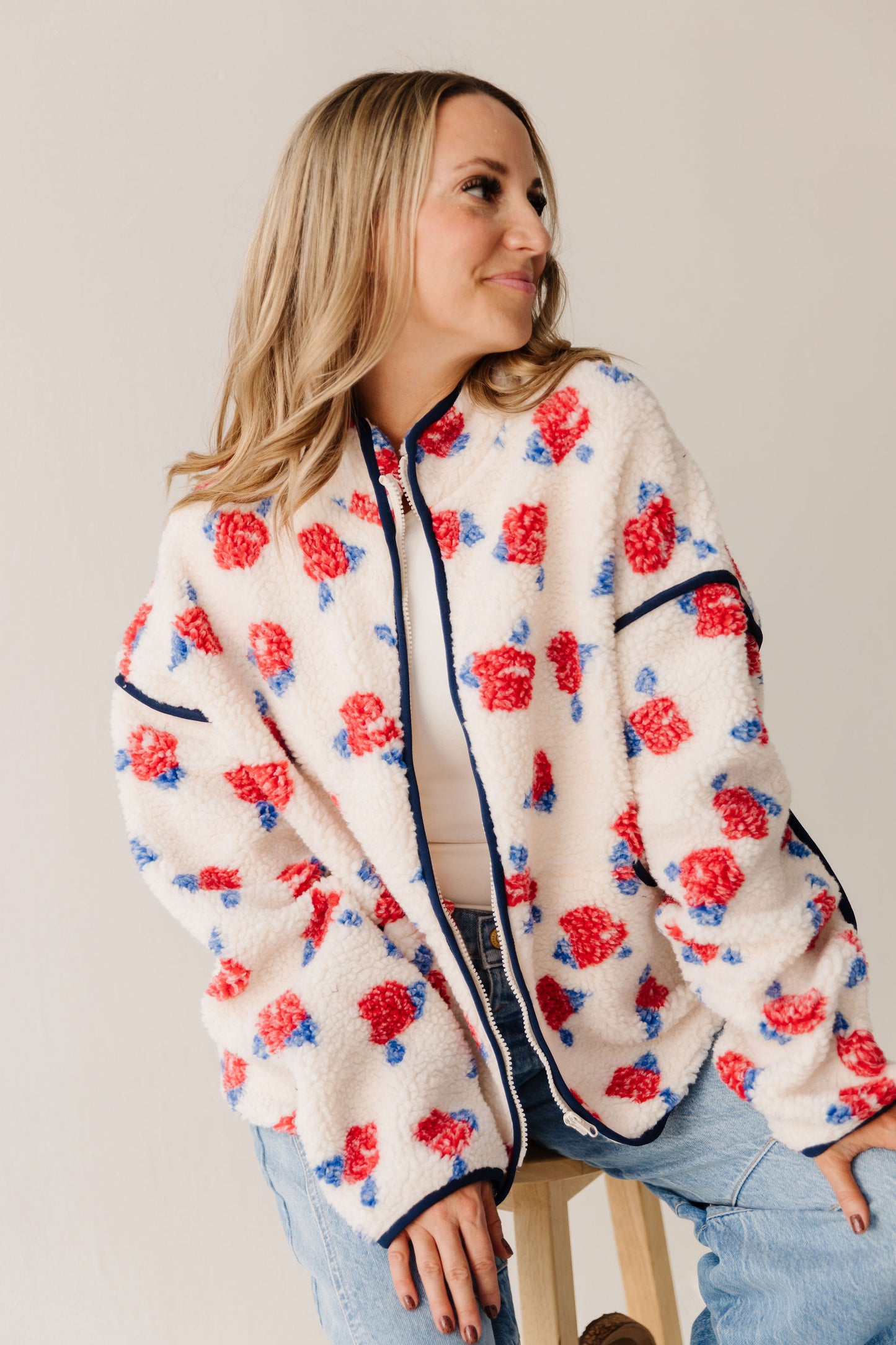 THE DIANNE FLORAL SHERPA JACKET IN CREAM
