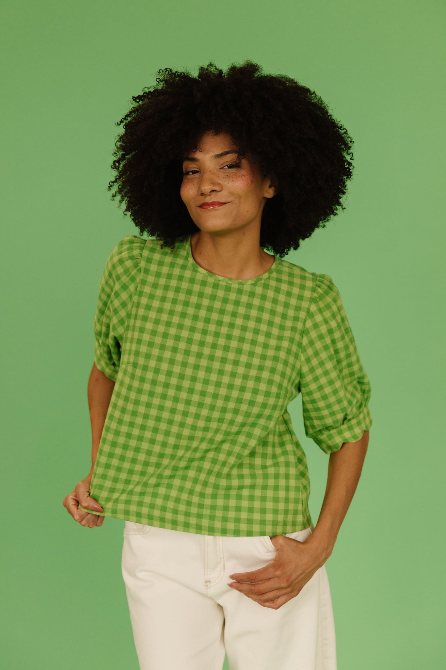 THE LOLA PLAID SCALLOP SLEEVE BLOUSE IN MATCHA