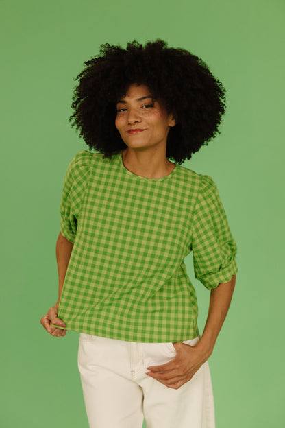 THE LOLA PLAID SCALLOP SLEEVE BLOUSE IN MATCHA