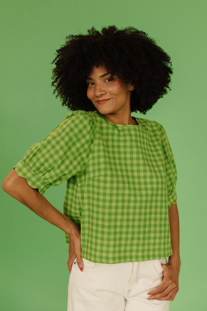 THE LOLA PLAID SCALLOP SLEEVE BLOUSE IN MATCHA