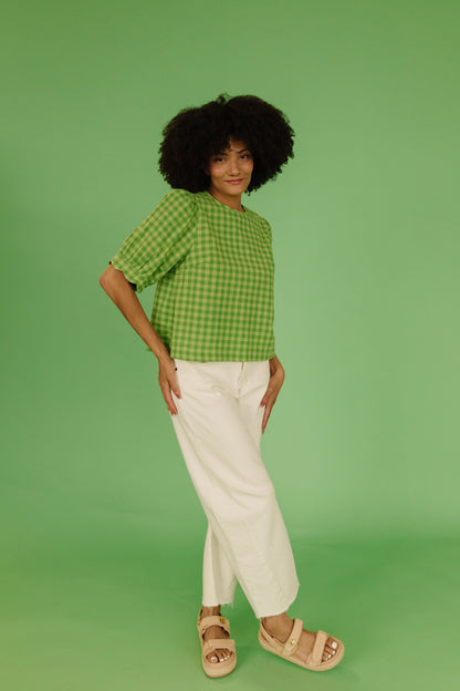 THE LOLA PLAID SCALLOP SLEEVE BLOUSE IN MATCHA