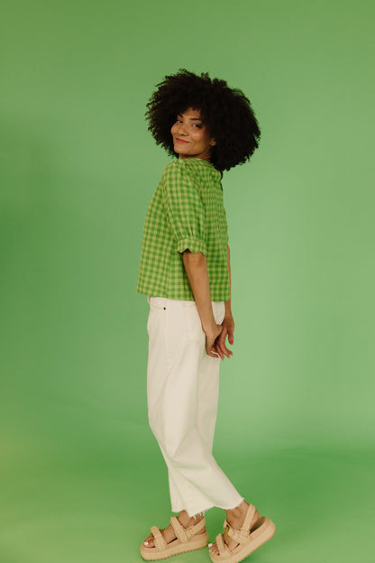 THE LOLA PLAID SCALLOP SLEEVE BLOUSE IN MATCHA