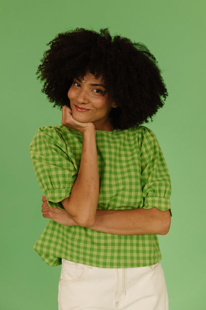 THE LOLA PLAID SCALLOP SLEEVE BLOUSE IN MATCHA
