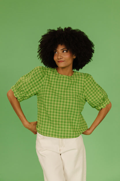 THE LOLA PLAID SCALLOP SLEEVE BLOUSE IN MATCHA