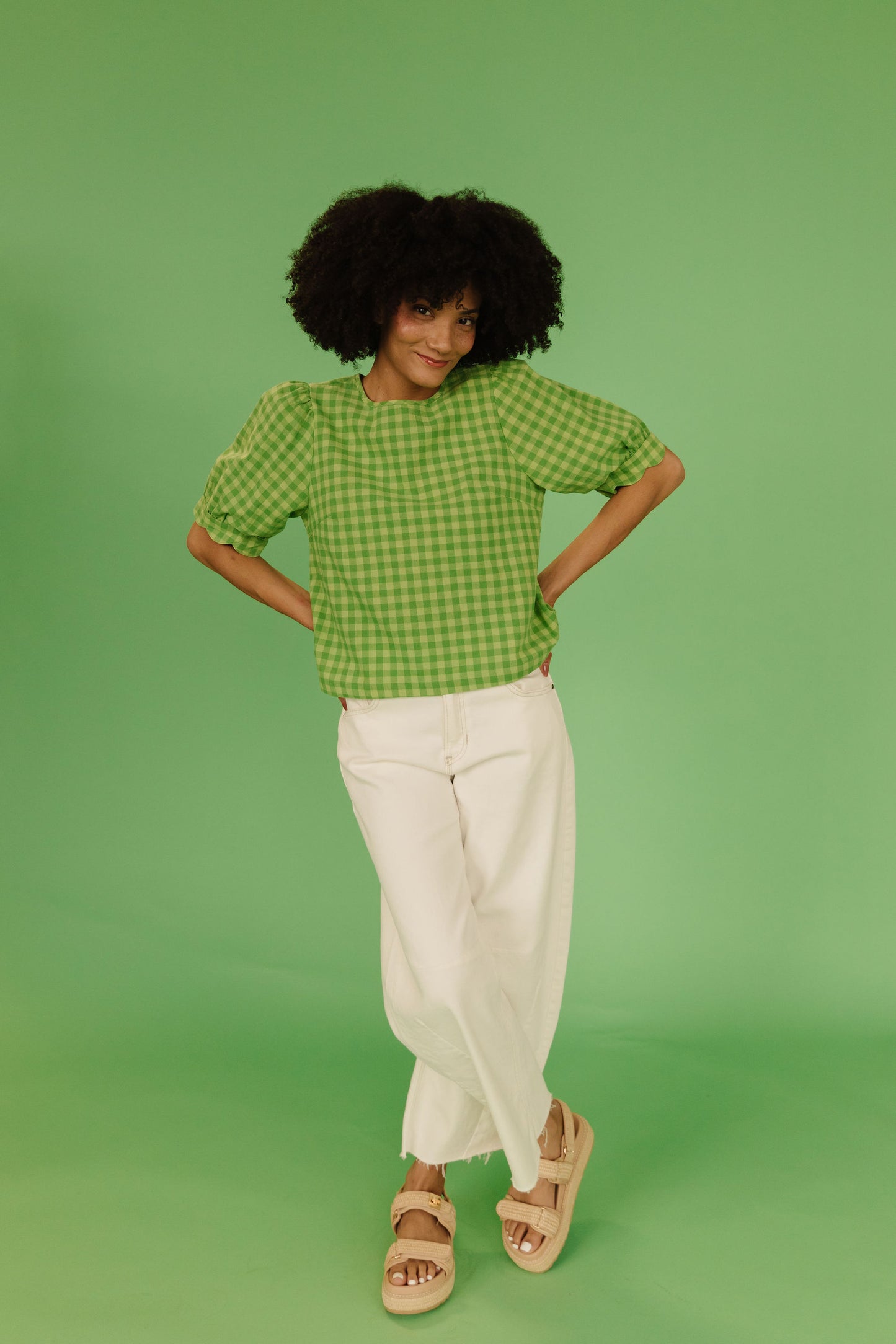 THE LOLA PLAID SCALLOP SLEEVE BLOUSE IN MATCHA