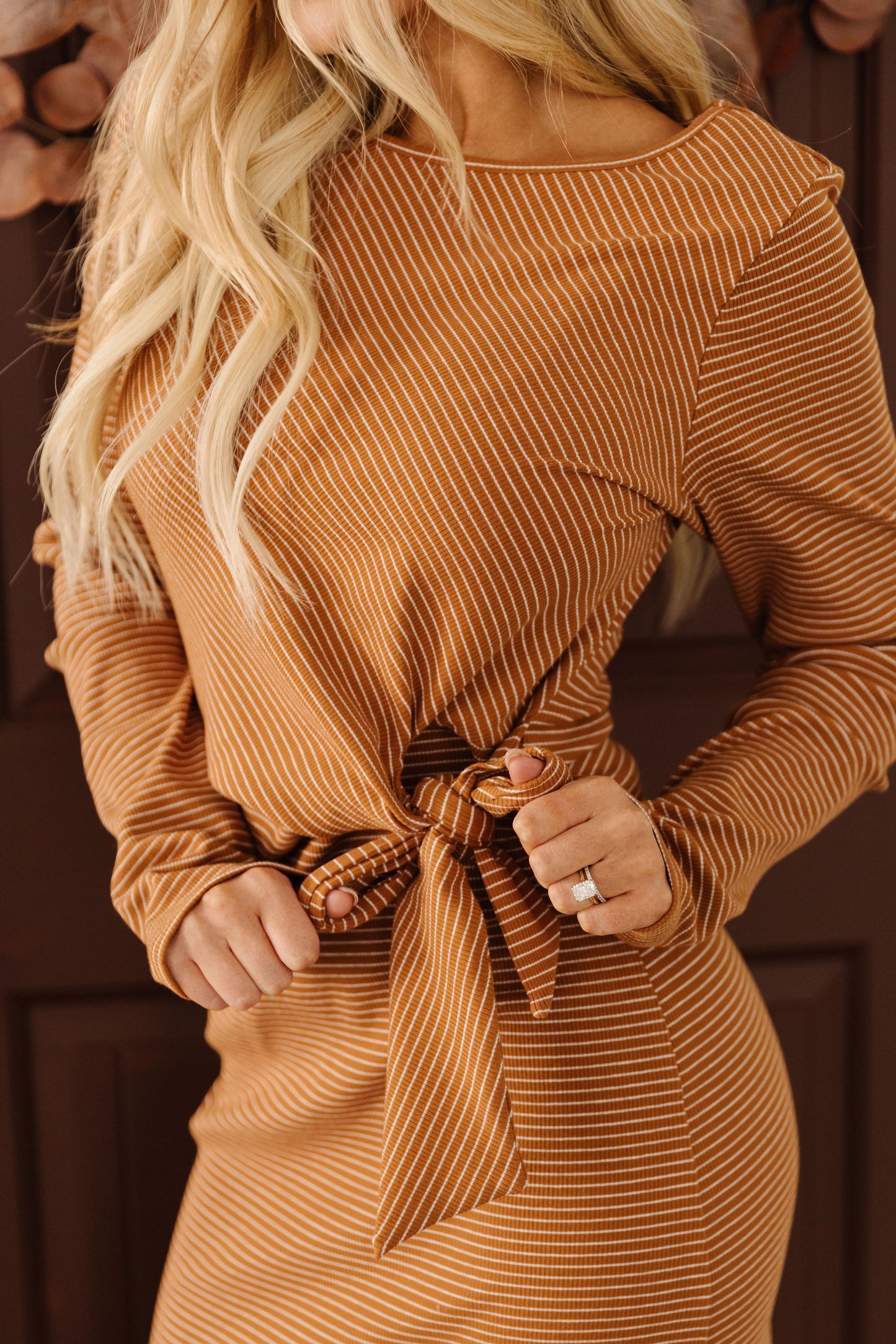 THE THERESA STRIPED MIDI DRESS IN CAMEL