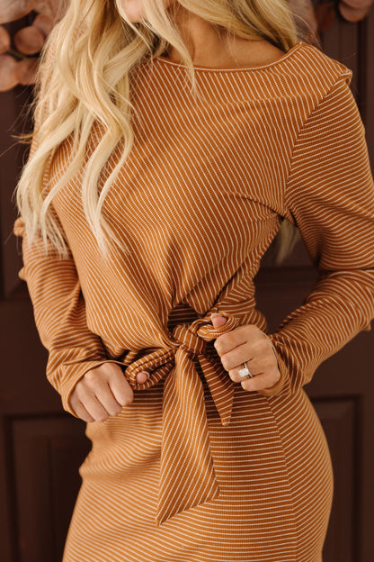THE THERESA STRIPED MIDI DRESS IN CAMEL