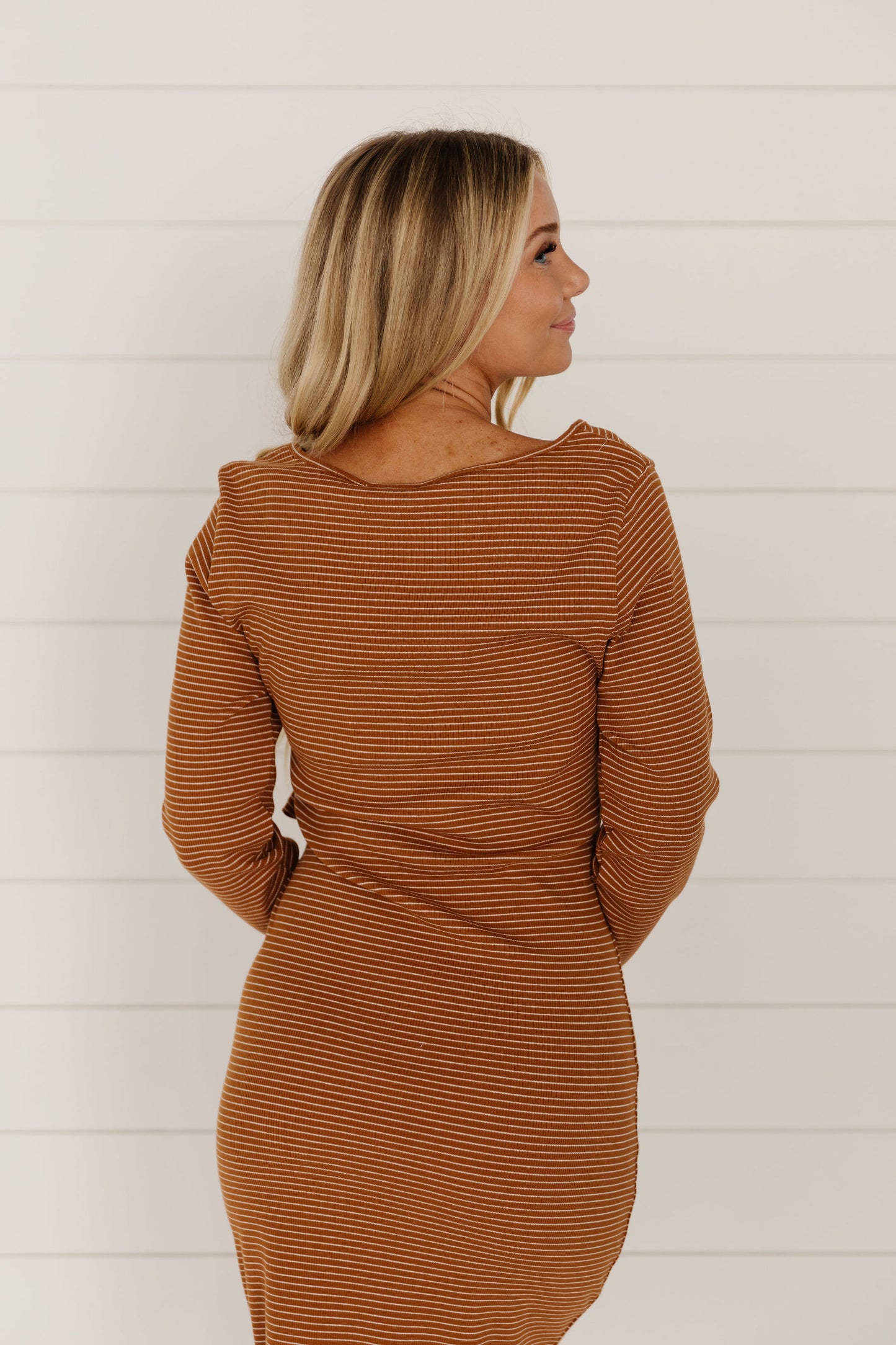 THE THERESA STRIPED MIDI DRESS IN CAMEL