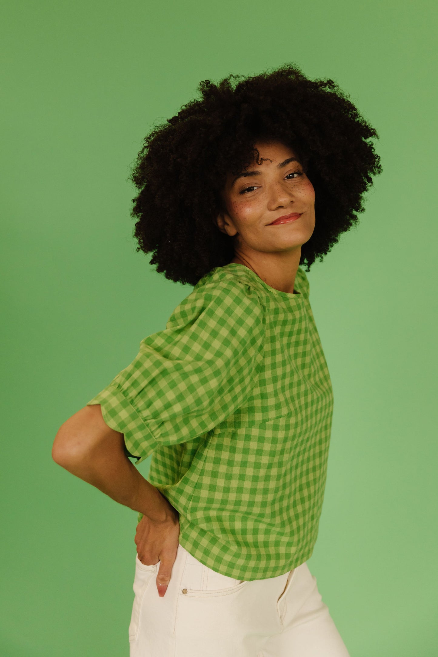 THE LOLA PLAID SCALLOP SLEEVE BLOUSE IN MATCHA