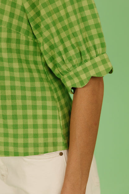 THE LOLA PLAID SCALLOP SLEEVE BLOUSE IN MATCHA