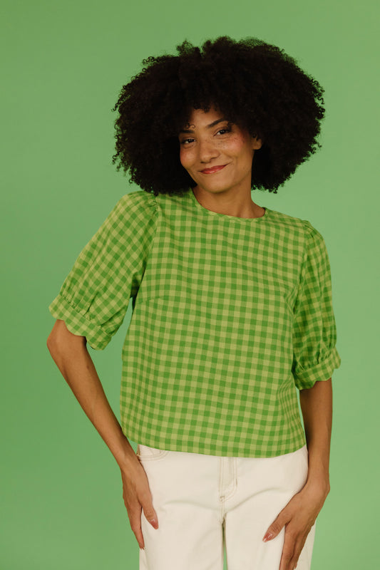 THE LOLA PLAID SCALLOP SLEEVE BLOUSE IN MATCHA