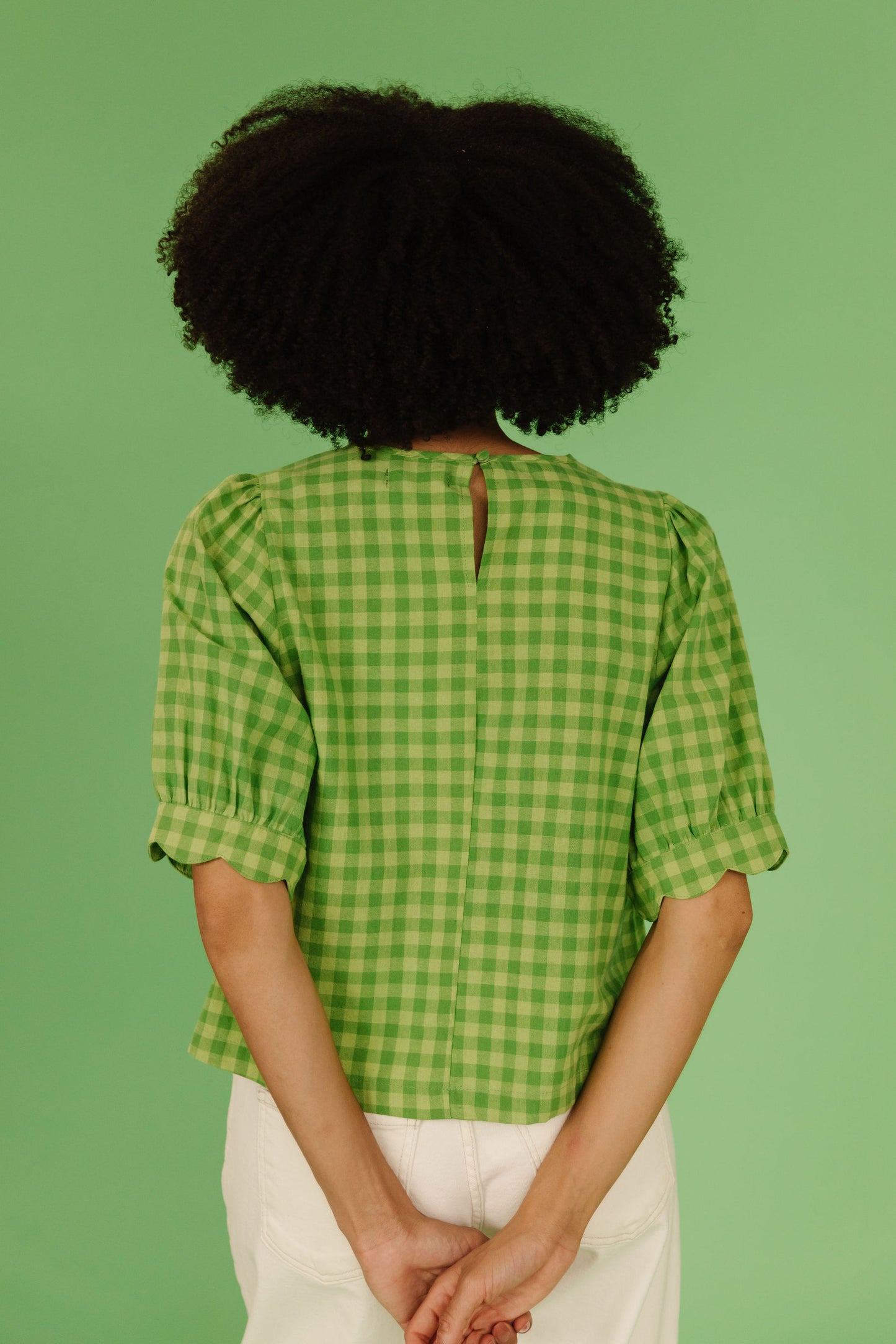 THE LOLA PLAID SCALLOP SLEEVE BLOUSE IN MATCHA