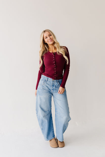 FREE PEOPLE GOOD LUCK MID RISE BARREL JEAN IN ULTRA LIGHT