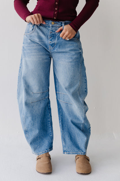 FREE PEOPLE GOOD LUCK MID RISE BARREL JEAN IN ULTRA LIGHT