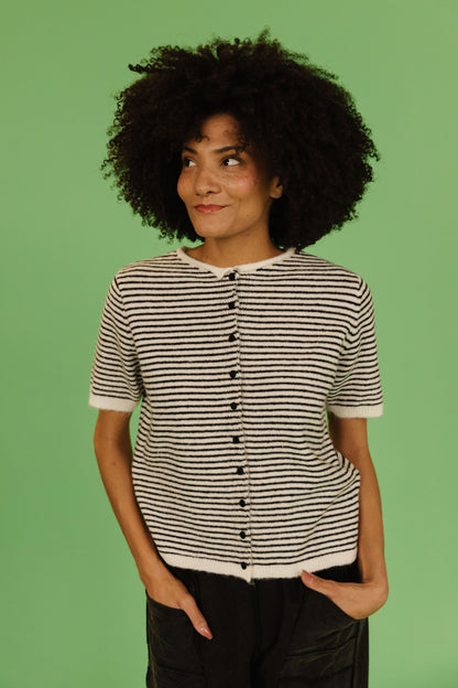 THE MCKAYLA SHORT SLEEVE STRIPED CARDIGAN IN BLACK
