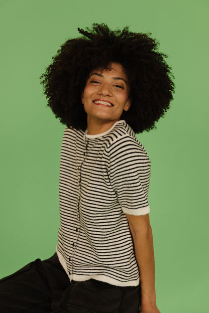 THE MCKAYLA SHORT SLEEVE STRIPED CARDIGAN IN BLACK