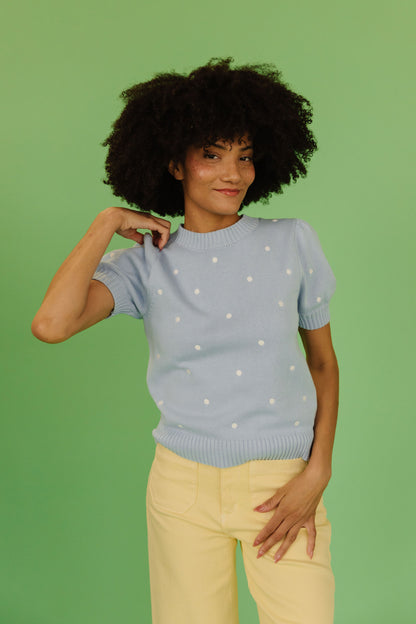 THE PEYTON POLKA DOT SWEATER IN LIGHT BLUE