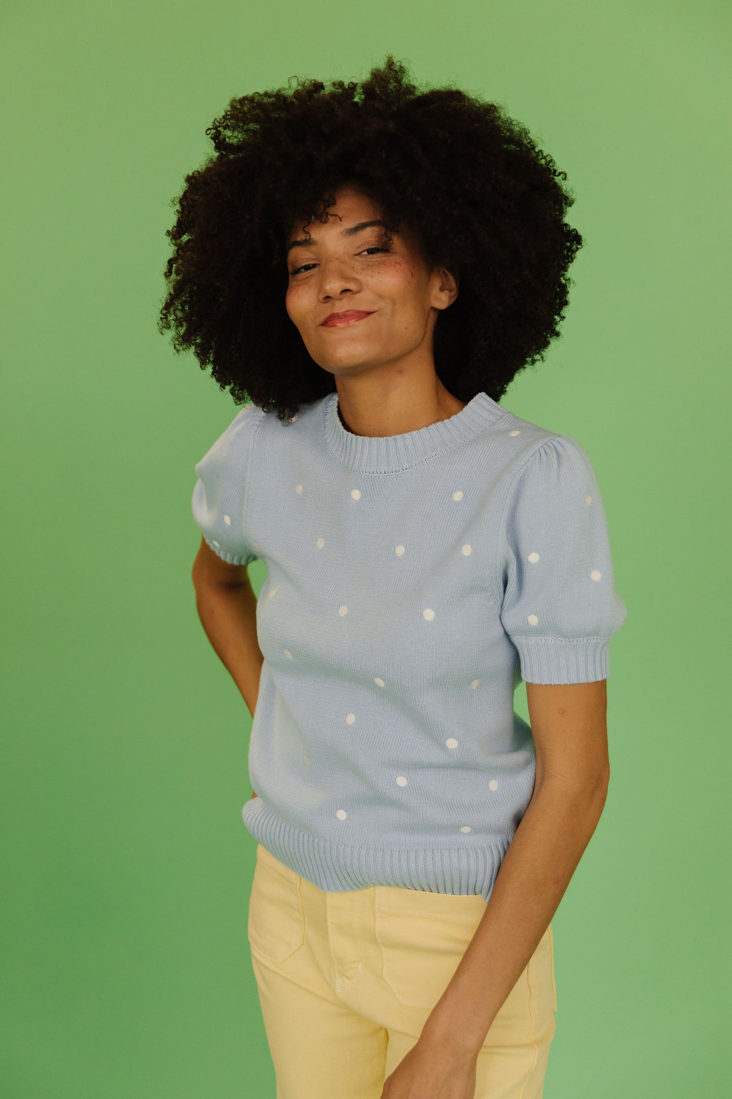 THE PEYTON POLKA DOT SWEATER IN LIGHT BLUE