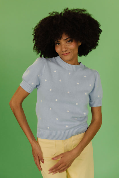 THE PEYTON POLKA DOT SWEATER IN LIGHT BLUE