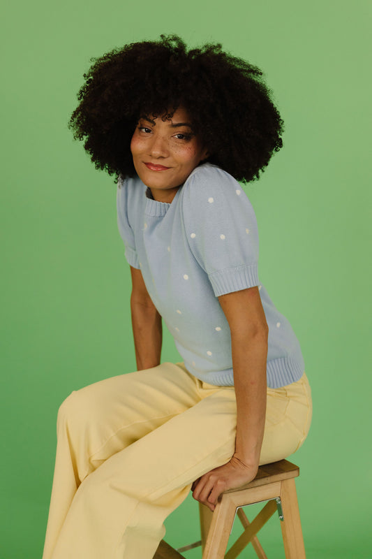 THE PEYTON POLKA DOT SWEATER IN LIGHT BLUE
