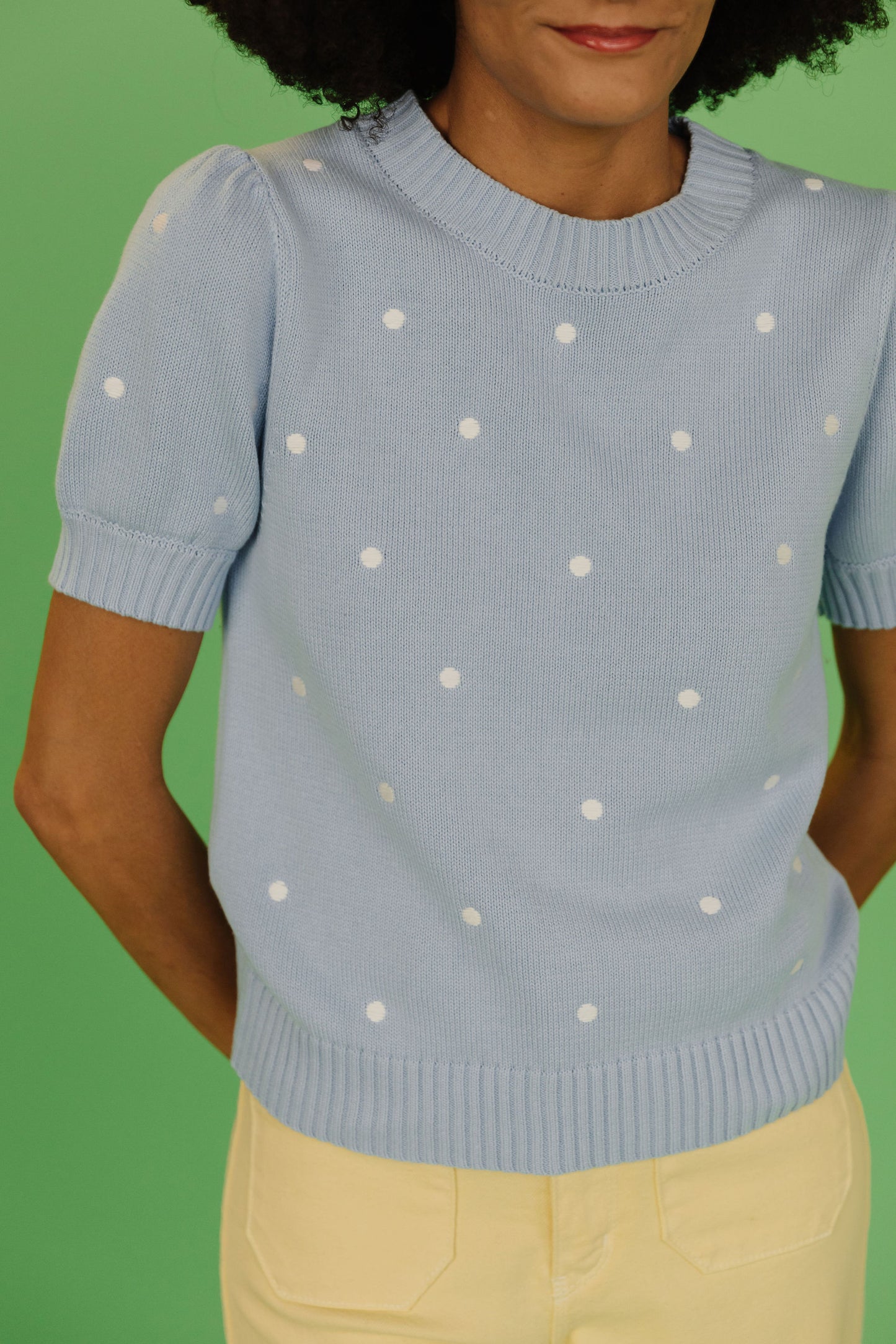 THE PEYTON POLKA DOT SWEATER IN LIGHT BLUE