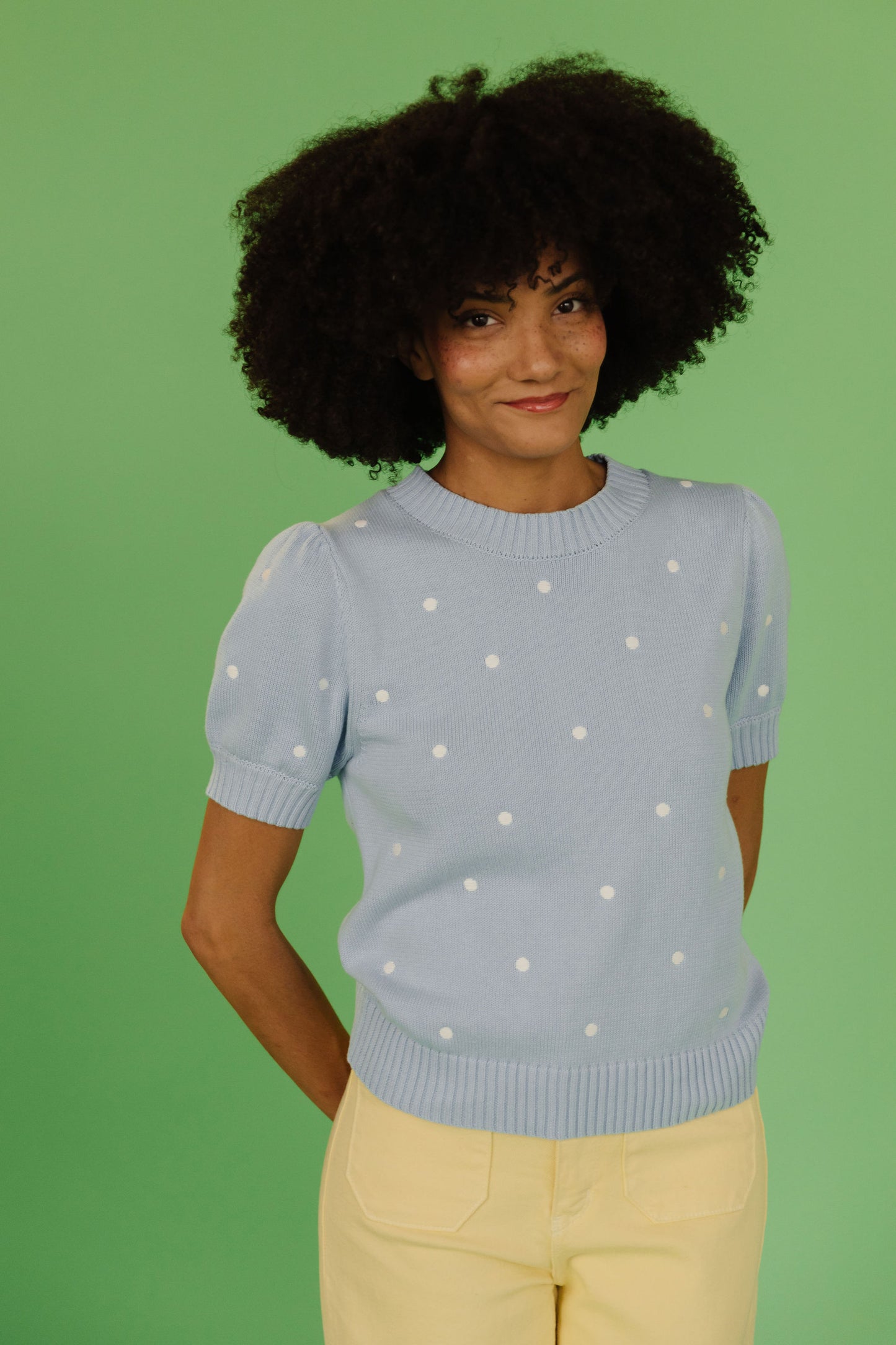 THE PEYTON POLKA DOT SWEATER IN LIGHT BLUE