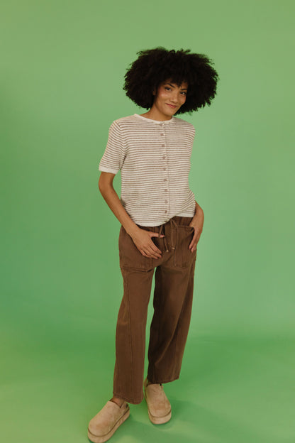 THE MCKAYLA SHORT SLEEVE STRIPED CARDIGAN IN TAUPE