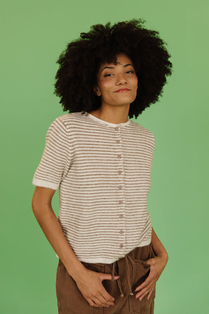THE MCKAYLA SHORT SLEEVE STRIPED CARDIGAN IN TAUPE