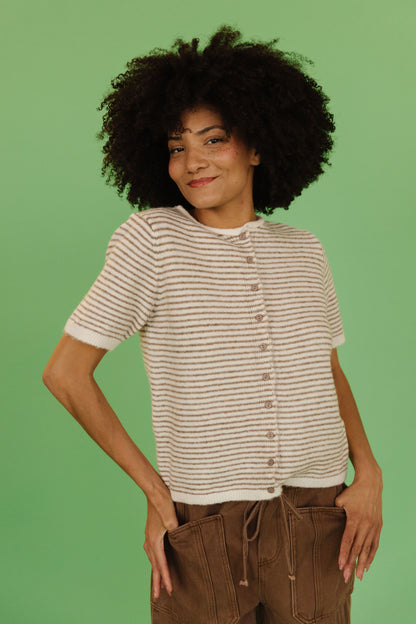 THE MCKAYLA SHORT SLEEVE STRIPED CARDIGAN IN TAUPE