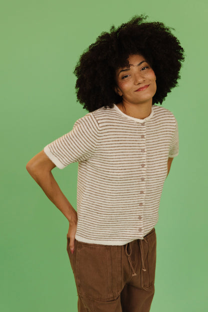 THE MCKAYLA SHORT SLEEVE STRIPED CARDIGAN IN TAUPE