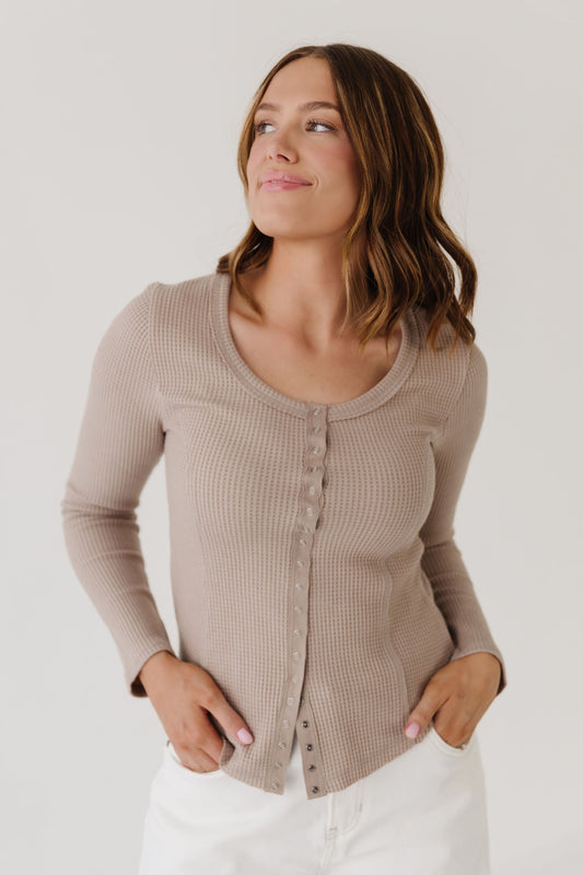 THE BIANCA BUTTON DOWN KNIT TOP IN MOCHA