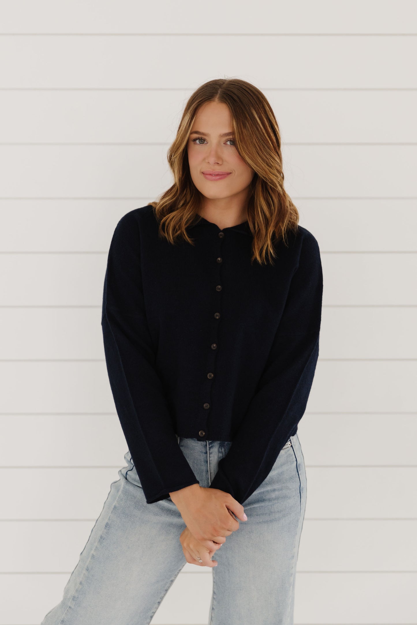 THE MATTI BUTTON DOWN CARDIGAN IN NAVY