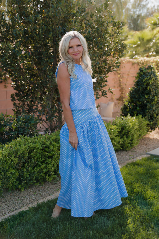 THE MAKAYLA POLKA DOT TANK IN BLUE