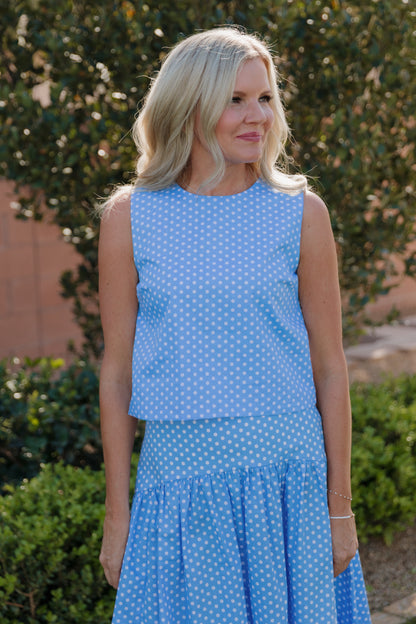 THE MAKAYLA POLKA DOT TANK IN BLUE