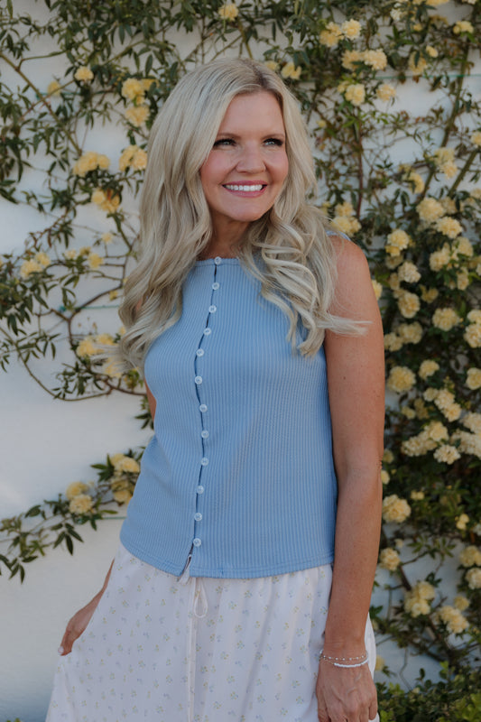 THE SOPHIE TEXTURED BUTTON TANK IN BLUE