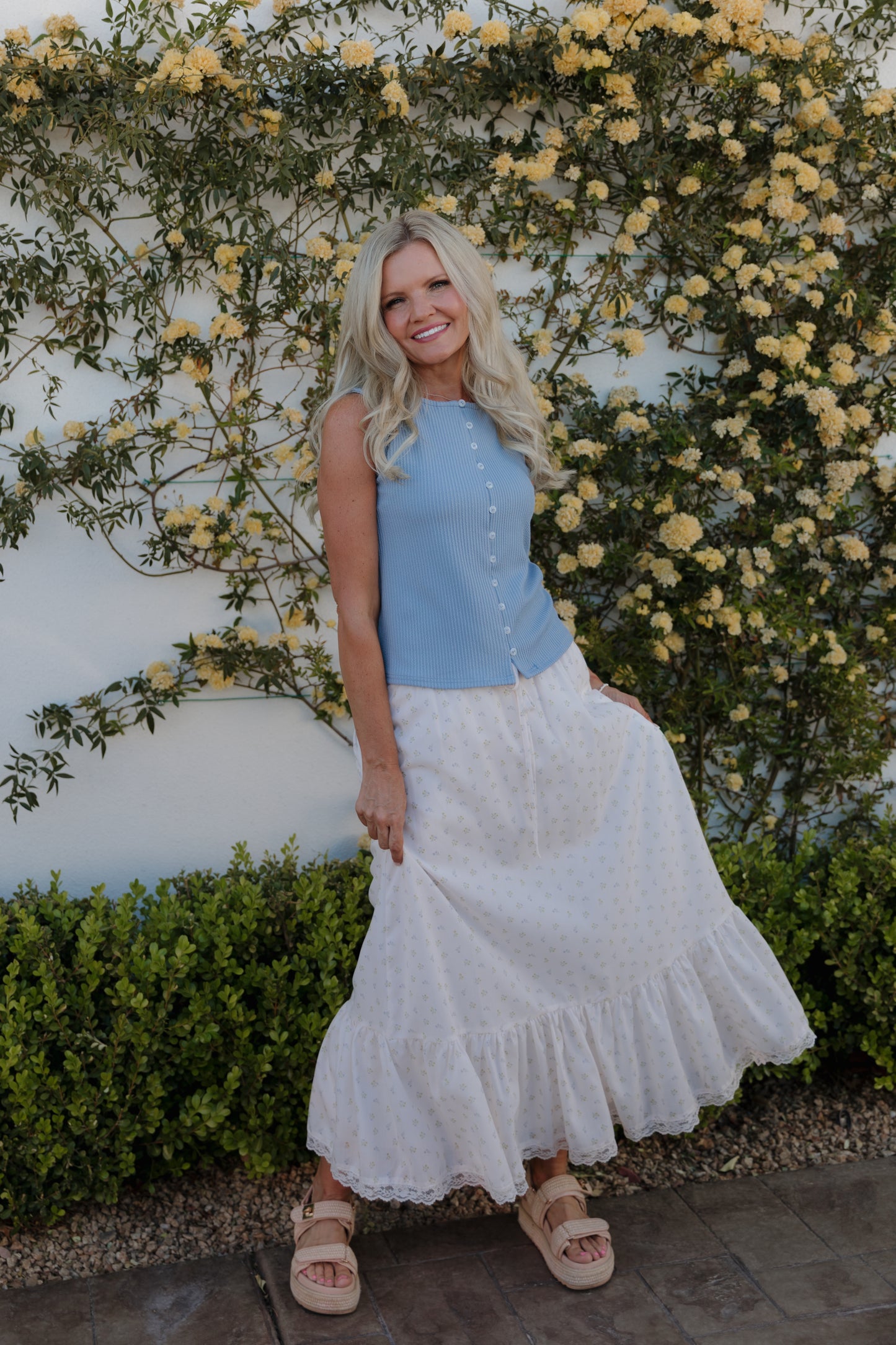 THE SOPHIE TEXTURED BUTTON TANK IN BLUE