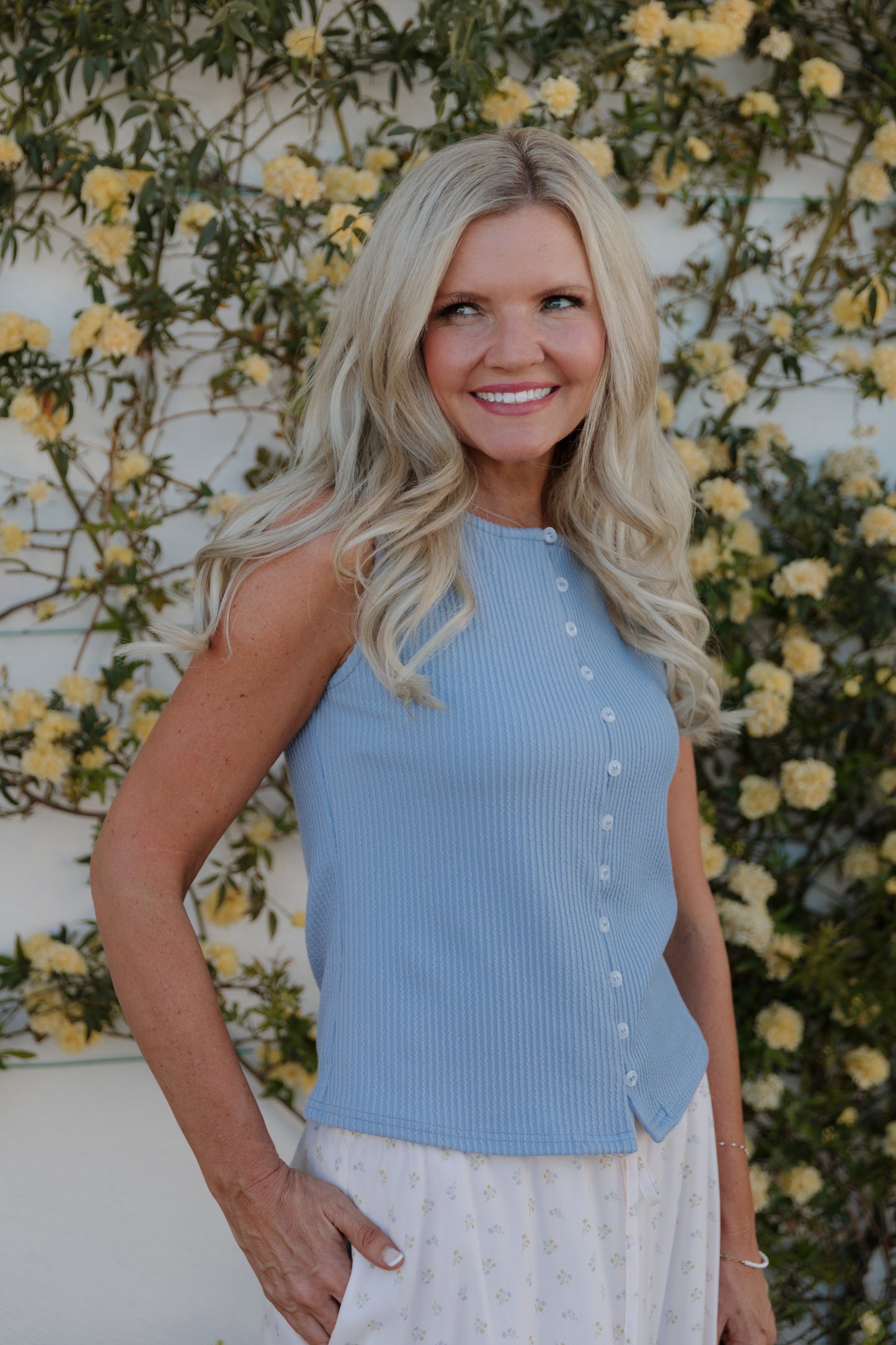 THE SOPHIE TEXTURED BUTTON TANK IN BLUE