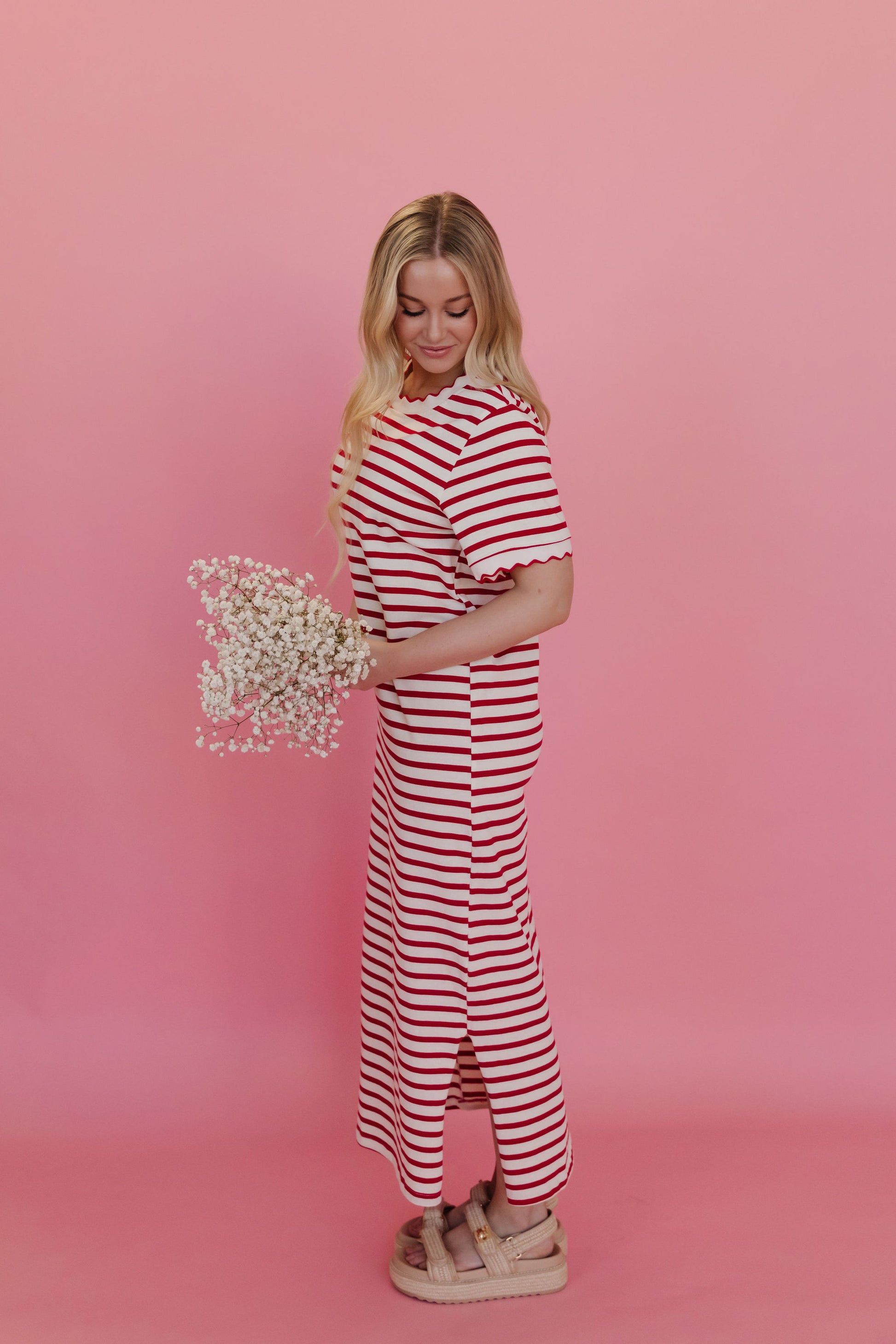 open lace back dress The Susie Scallop Edge Midi Dress in Red Large
