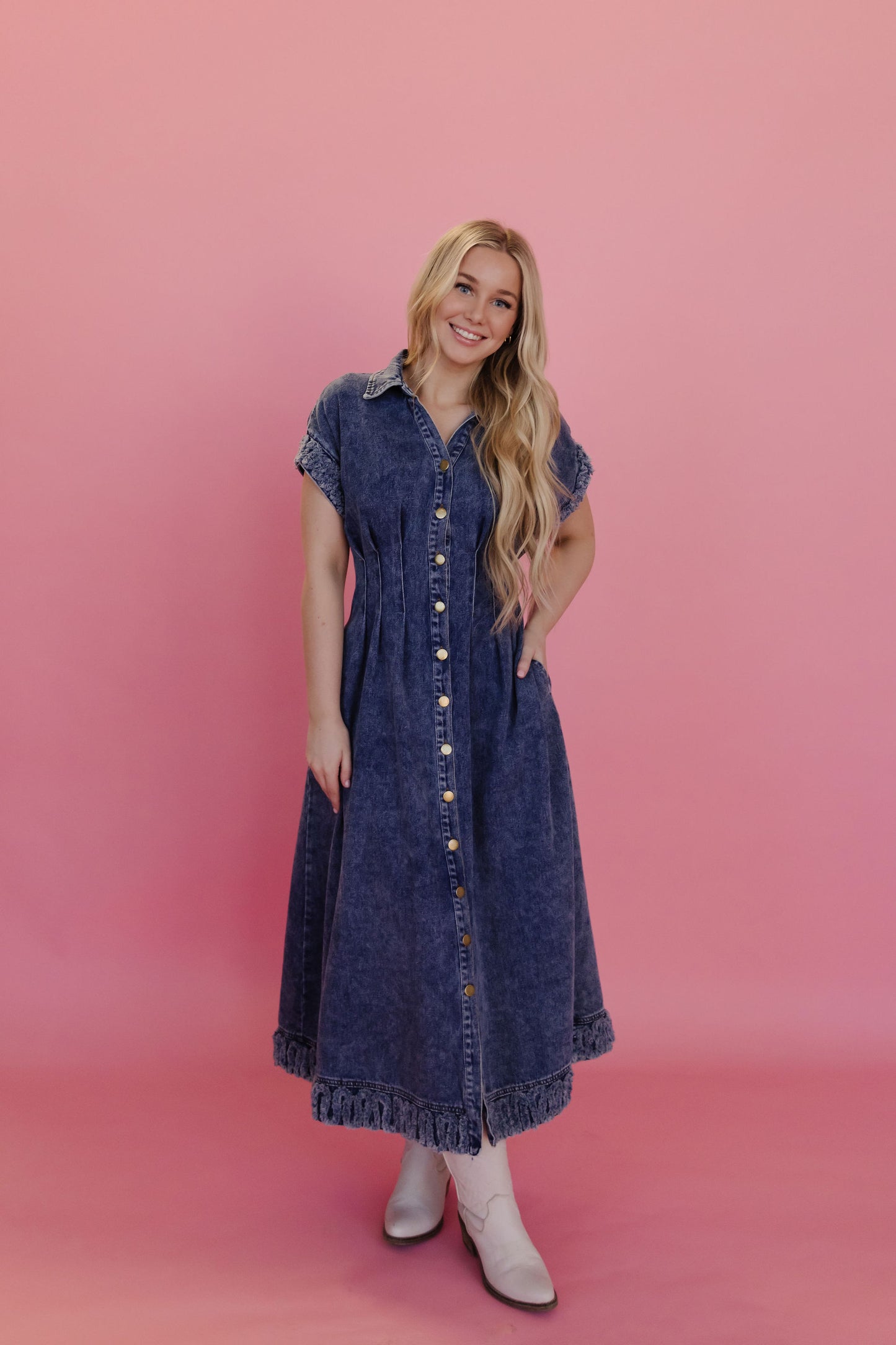 THE MICHELLE COLLARED DENIM DRESS IN DARK DENIM