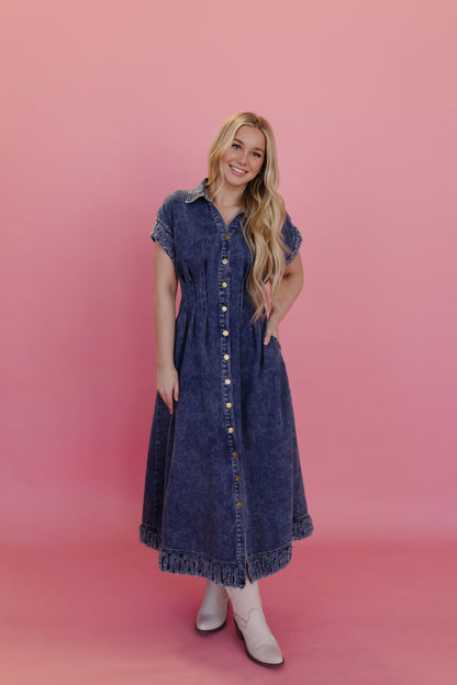 THE MICHELLE COLLARED DENIM DRESS IN DARK DENIM