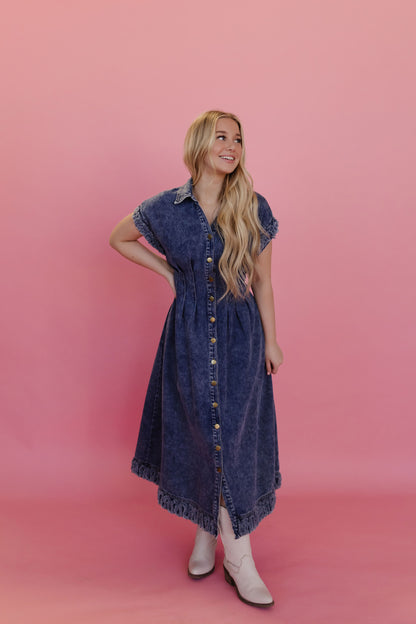 THE MICHELLE COLLARED DENIM DRESS IN DARK DENIM Large