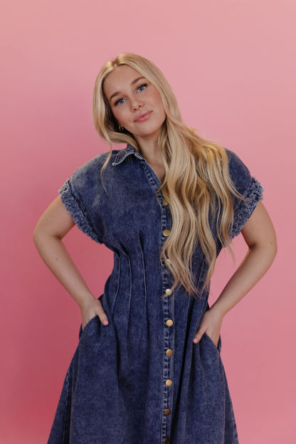 THE MICHELLE COLLARED DENIM DRESS IN DARK DENIM