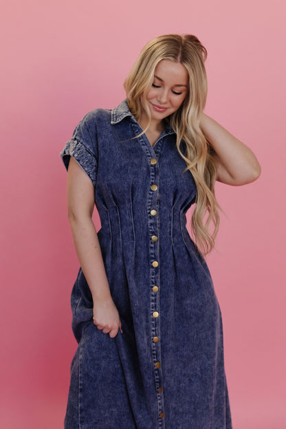 THE MICHELLE COLLARED DENIM DRESS IN DARK DENIM