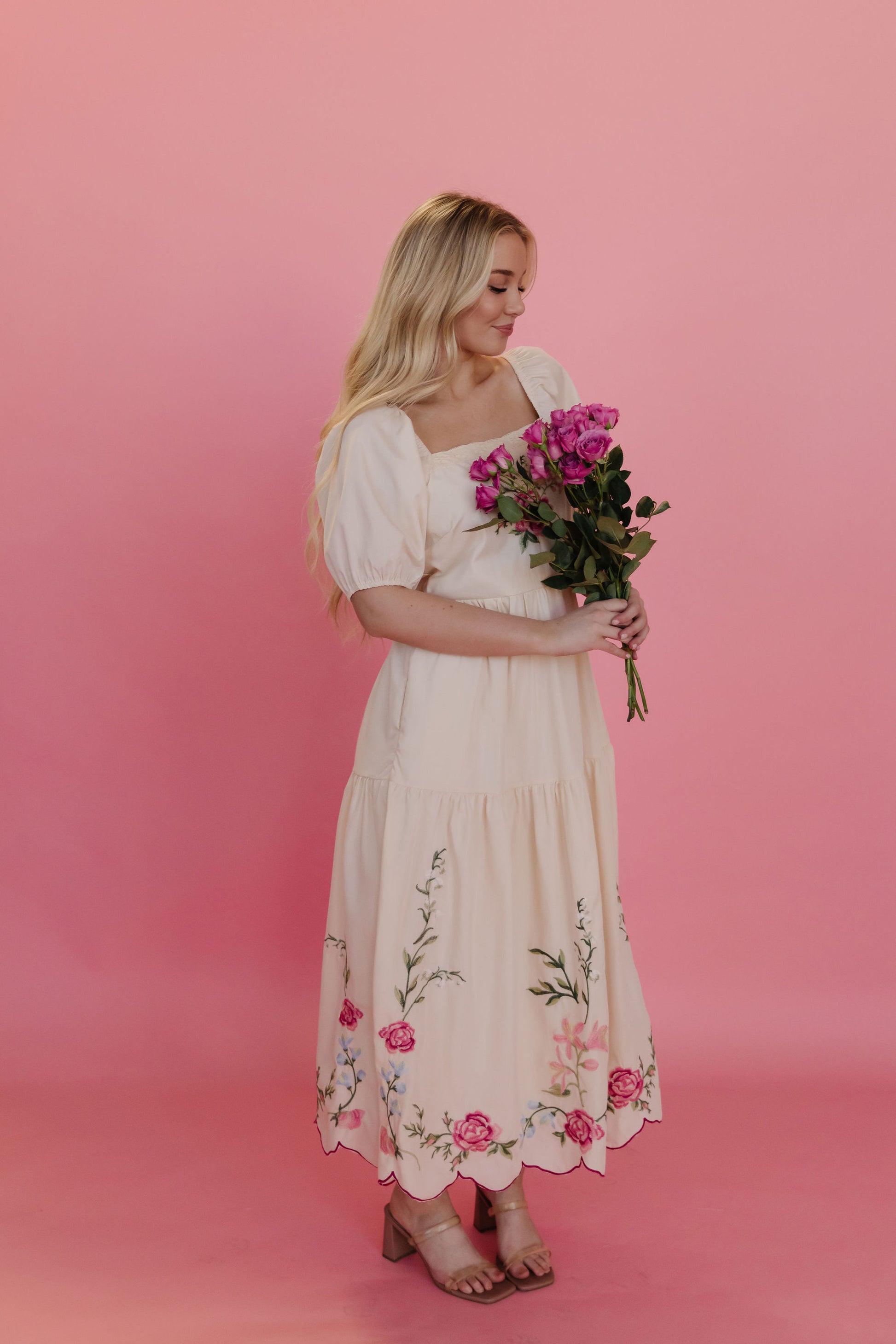 cream dress with embroidered flowers Mayla Cream Embroidered Floral Dress - Elegant Dress main image 0