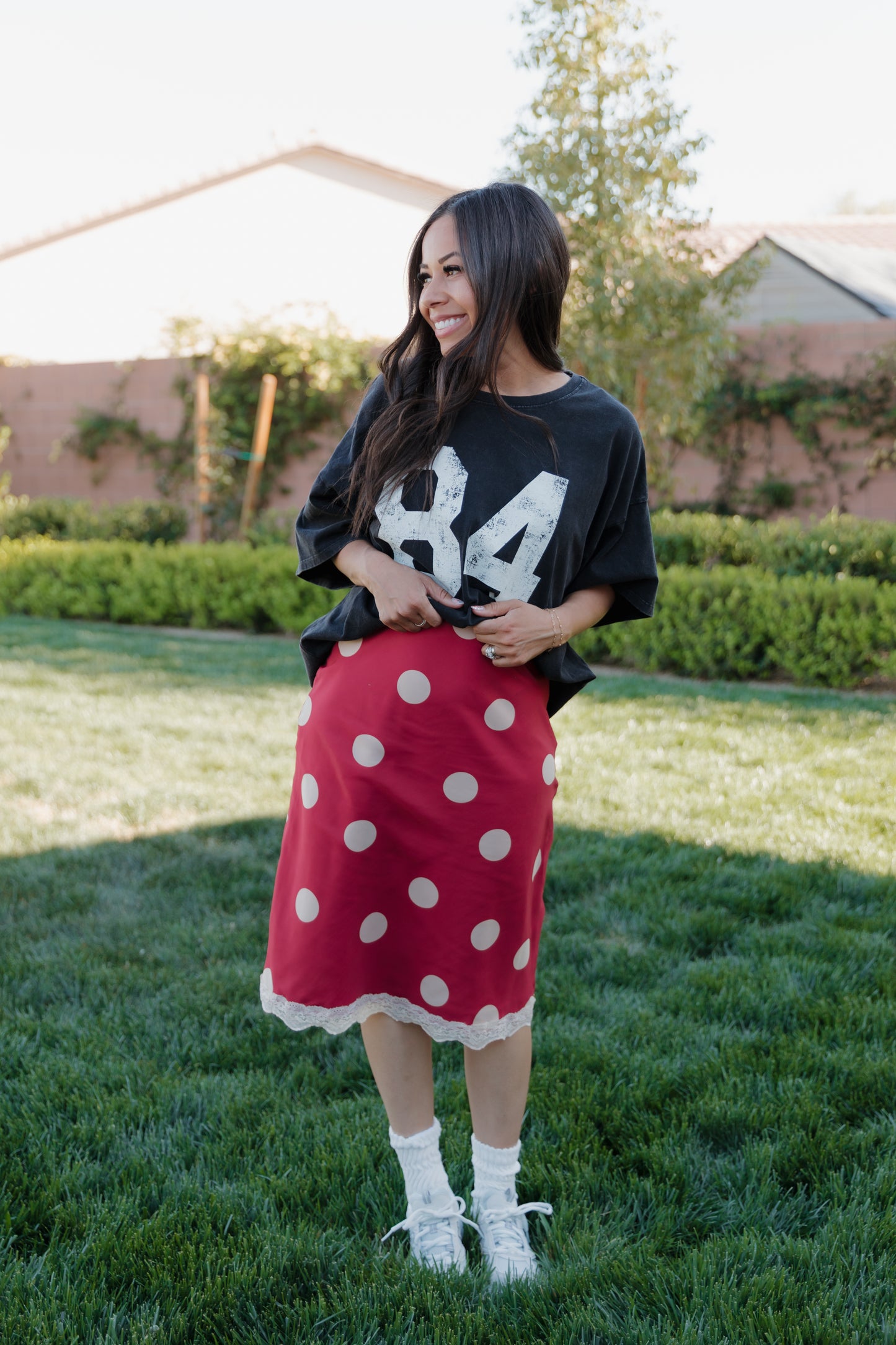 THE VICTORIA POLKA DOT MIDI SKIRT IN RED